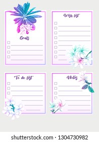 Set of text boxes for bullet journal or notes with tropical plans, flowers and birds. Stickers, elements for design.  In neon, fluorescent colors. Vector illustration.
