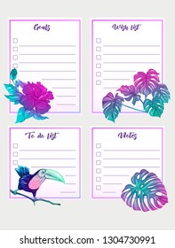 Set of text boxes for bullet journal or notes with tropical plans, flowers and birds. Stickers, elements for design.  In neon, fluorescent colors. Vector illustration.
