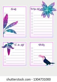 Set of text boxes for bullet journal or notes with tropical plans, flowers and birds. Stickers, elements for design.  In neon, fluorescent colors. Vector illustration.

