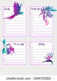 Set of text boxes for bullet journal or notes with tropical plans, flowers and birds. Stickers, elements for design.  In neon, fluorescent colors. Vector illustration.
