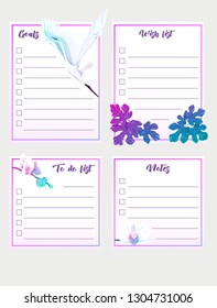 Set of text boxes for bullet journal or notes with tropical plans, flowers and birds. Stickers, elements for design.  In neon, fluorescent colors. Vector illustration.
