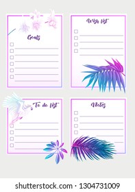 Set of text boxes for bullet journal or notes with tropical plans, flowers and birds. Stickers, elements for design.  In neon, fluorescent colors. Vector illustration.
