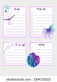 Set of text boxes for bullet journal or notes with tropical plans, flowers and birds. Stickers, elements for design.  In neon, fluorescent colors. Vector illustration.
