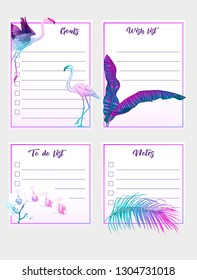 Set of text boxes for bullet journal or notes with tropical plans, flowers and birds. Stickers, elements for design.  In neon, fluorescent colors. Vector illustration.
