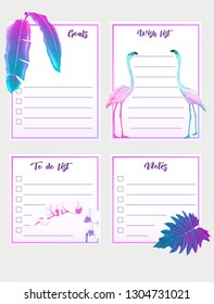 Set of text boxes for bullet journal or notes with tropical plans, flowers and birds. Stickers, elements for design.  In neon, fluorescent colors. Vector illustration.
