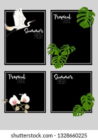 Set of text boxes for bullet journal or notes with tropical plans, flowers and birds. Stickers, elements for design on black background.  Vector illustration.
