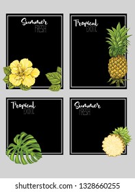 Set of text boxes for bullet journal or notes with tropical plans, flowers and birds. Stickers, elements for design on black background.  Vector illustration.
