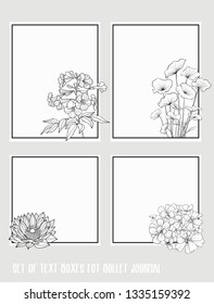 Set of text boxes for bullet journal or notes with tropical plans, flowers and birds. Stickers, elements for design. Outline hand drawing vector illustration.