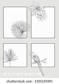 Set of text boxes for bullet journal or notes with tropical plans, flowers and birds. Stickers, elements for design. Outline hand drawing vector illustration.