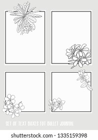 Set of text boxes for bullet journal or notes with tropical plans, flowers and birds. Stickers, elements for design. Outline hand drawing vector illustration.