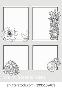 Set of text boxes for bullet journal or notes with tropical plans, flowers and birds. Stickers, elements for design. Outline hand drawing vector illustration.