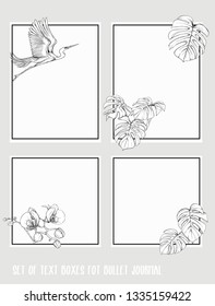 Set of text boxes for bullet journal or notes with tropical plans, flowers and birds. Stickers, elements for design. Outline hand drawing vector illustration.