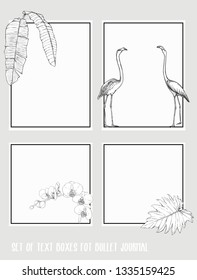 Set of text boxes for bullet journal or notes with tropical plans, flowers and birds. Stickers, elements for design. Outline hand drawing vector illustration.
