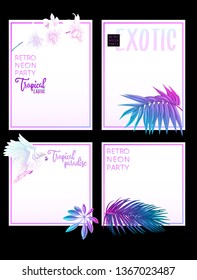 Set of text boxes for bullet journal or notes with tropical plans, flowers and birds. Stickers, elements for design.  In neon, fluorescent colors. Vector illustration.
