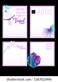 Set of text boxes for bullet journal or notes with tropical plans, flowers and birds. Stickers, elements for design.  In neon, fluorescent colors. Vector illustration.
