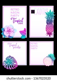 Set of text boxes for bullet journal or notes with tropical plans, flowers and birds. Stickers, elements for design.  In neon, fluorescent colors. Vector illustration.
