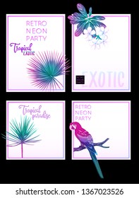 Set of text boxes for bullet journal or notes with tropical plans, flowers and birds. Stickers, elements for design.  In neon, fluorescent colors. Vector illustration.
