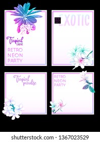 Set of text boxes for bullet journal or notes with tropical plans, flowers and birds. Stickers, elements for design.  In neon, fluorescent colors. Vector illustration.
