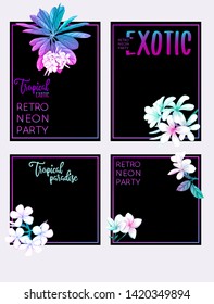 Set of text boxes for bullet journal or notes with tropical plans, flowers and birds. Stickers, elements for design.  In neon, fluorescent colors. Vector illustration.
