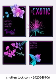 Set of text boxes for bullet journal or notes with tropical plans, flowers and birds. Stickers, elements for design.  In neon, fluorescent colors. Vector illustration.
