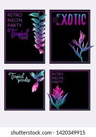 Set of text boxes for bullet journal or notes with tropical plans, flowers and birds. Stickers, elements for design.  In neon, fluorescent colors. Vector illustration.
