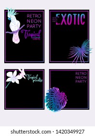 Set of text boxes for bullet journal or notes with tropical plans, flowers and birds. Stickers, elements for design.  In neon, fluorescent colors. Vector illustration.
