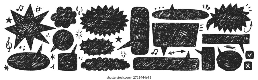 Conjunto de cuadros de texto con textura orgánica de crayón, tiza o pastel . Cuadrado, estrella, nube en estilo retro. Ilustración vectorial negra sobre fondo blanco.