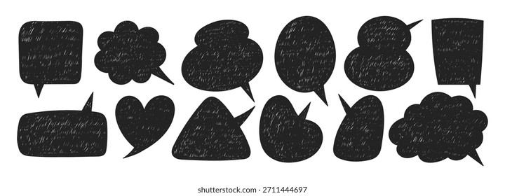Set of text boxes with organic texture of crayon, chalk or pastel . Square, heart, cloud. Black vector illustration on a white background.