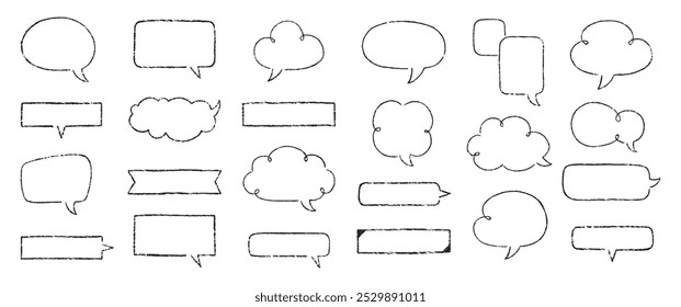 Set of text boxes and speech bubbles with crayon or chalk texture. Outline frames. Japan handwritten illustration on a white background.