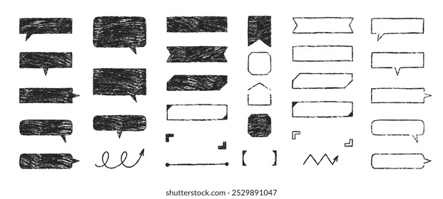 Set of text boxes and speech bubbles with crayon or chalk texture. Outline frames and arrows. Japan handwritten illustration on a white background.