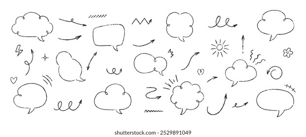 Set of text boxes and speech bubbles with crayon or chalk texture. Outline shapes and arrows. Japan handwritten illustration on a white background.