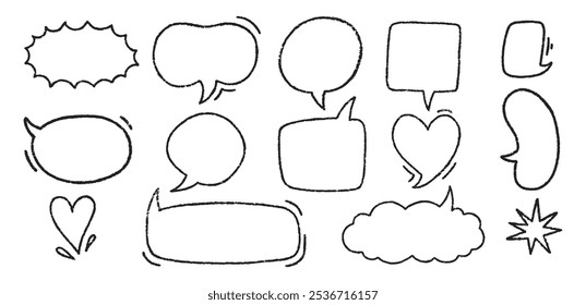 Set of text boxes and speech bubbles with crayon or chalk texture. Outline handwritten illustration on a white background.