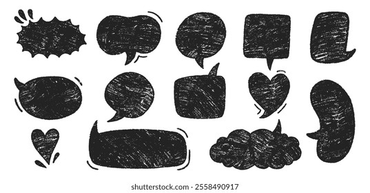 Conjunto de caixas de texto e bolhas de fala com textura de giz de cera ou giz. Ilustração de rabiscar em um fundo branco.