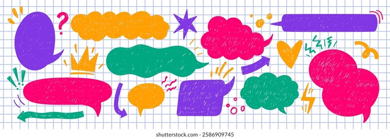 Set of text boxes, speech bubbles, arrow and cloud with crayon or chalk texture. Retro illustration on the notebook pages.