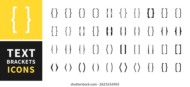 Set of text brackets. Quote box frame. Vintage typography symbol. Text brackets collection for messages, quotas. Quote. Brackets curly simple different shapes. Line frame for text. Vector illustration