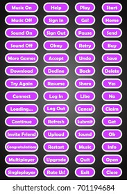 Set of text buttons in cartoon style. 2d asset for user interface GUI in mobile application or casual video game.