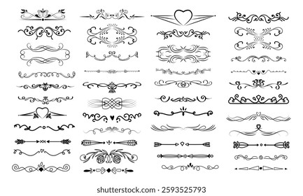 set of text delimiters and scroll elements, ornate vintage frames, vector illustration border