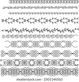 Conjunto de delimitadores de texto para su impresión o Anuncio. divisor de remolinos decorativos de Ilustración vectorial. colección de objetos caligráficos de Vector. 