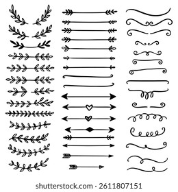 Set of text dividers. Divider ornament, borders, vintage line separators. Hand drawn vector illustration isolated on white background. Perfect for invitations, greeting cards, wedding