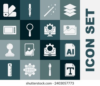 Set Text file document, AI, Picture landscape, Magic wand, Magnifying glass, Graphic tablet, Color palette guide and Computer monitor gear icon. Vector