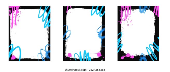 Set of text frames with grunge style spray paint. Graffiti templates with airbrush and lines, speckles. Overlaying retro textures on posters. Vector urban wall illustration.