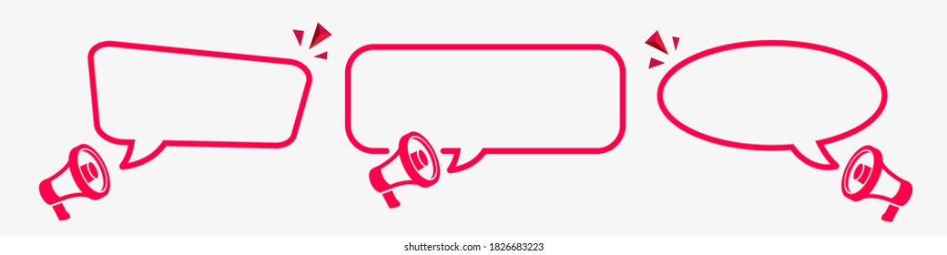 Set of text frames with loudspeaker signs modern design vector illustration. Megaphone bubble dialogue
