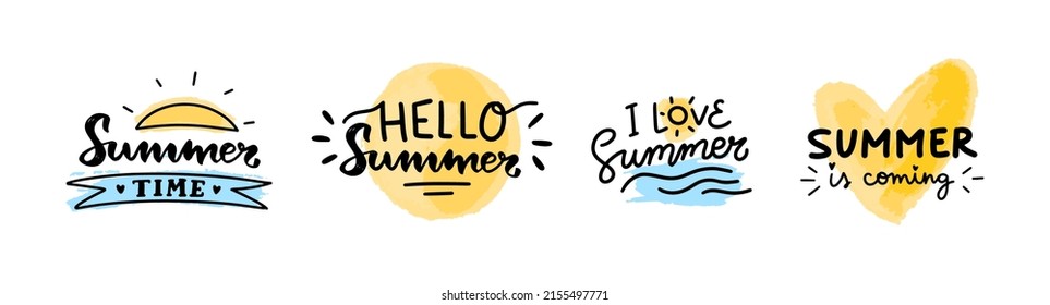Set, Text, hand lettering Summer. Vector isolated on a white background. Painted sun, hearts,brush calligraphy. Illustration for print, t-shirt, cup, poster, postcard, typography, children's textiles.