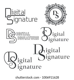 Set Of Text Logos Digital Signature.Letters DS. Monogram. Business Service. Monochrome Text. Vector Illustration.