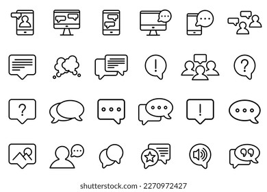 set of text message icons vector. 24 text message and bubble chat line icons, group chat, bubble chat, voice message and discussion