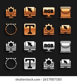 Set Text, Paint bucket, Laptop and cursor, gear, Circle with Bezier curve, Speech bubble RGB CMYK, Computer monitor and  icon. Vector