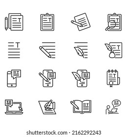 Set of text related vector icons. Vector illustration of icons such as writing articles, books, documents and more with editable black outline