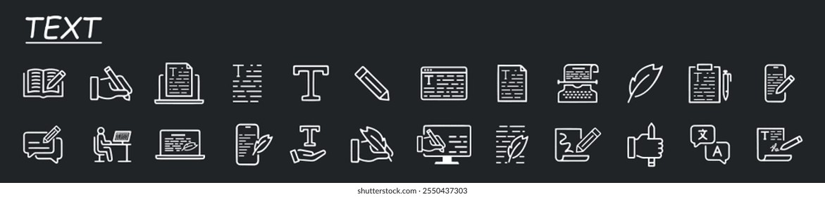 Conjunto de ícones de linha de vetor relacionados ao texto. Contém ícones como escrever revisão, escrever artigo criativo, conteúdo da Internet, edição e muito mais. Fundo cinza.