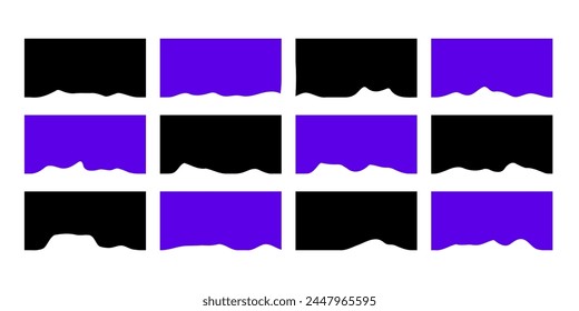 Set of text ripped frames. Vector illustration. Black and purple tear cut paper pieces isolated on white background