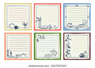 A set of text stickers with kitchen utensils  and flowers. Vector illustration